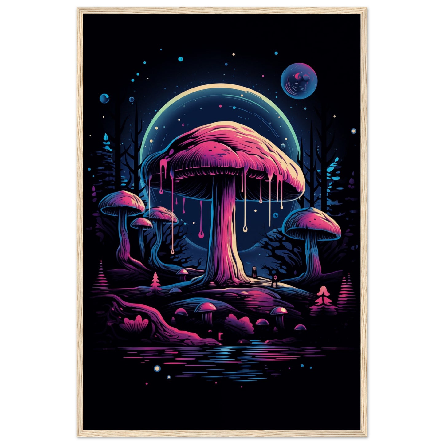 Drippy Mushroom Fantasy Forest Wooden Framed Poster