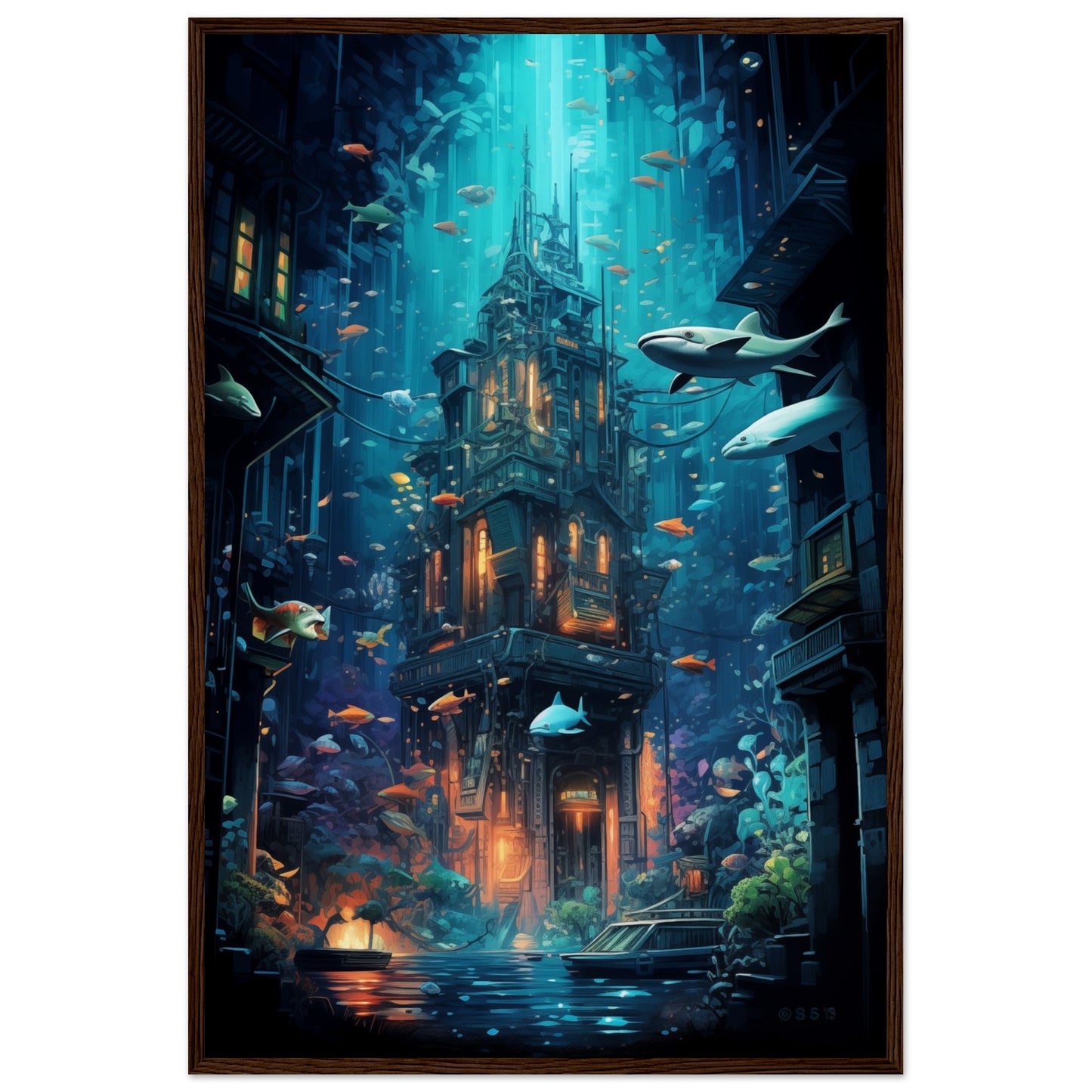 Aqua Metropolis Wooden Framed Poster