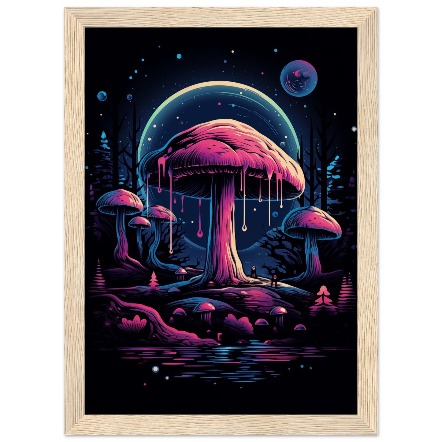 Drippy Mushroom Fantasy Forest Wooden Framed Poster