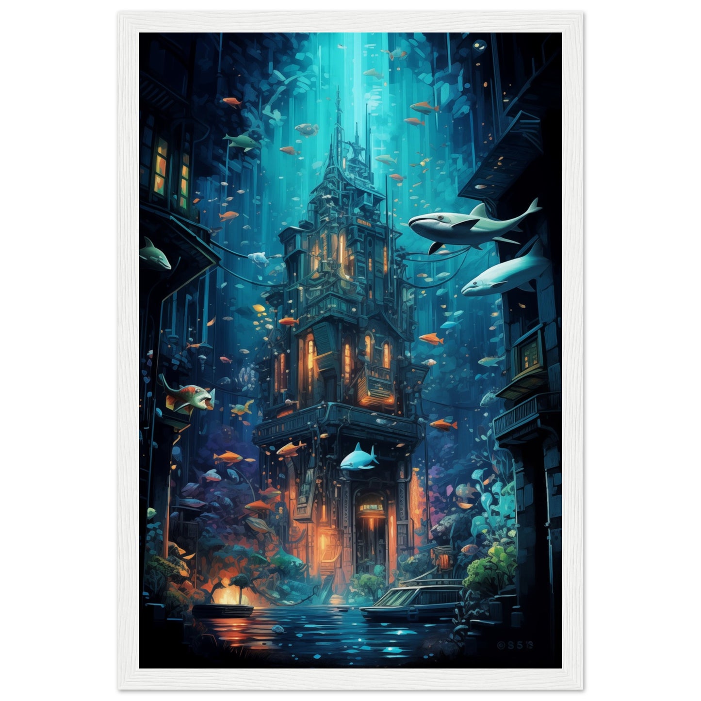 Aqua Metropolis Wooden Framed Poster