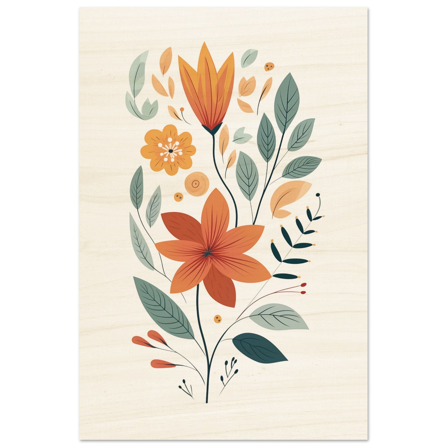 Flowers and Leaves Wood Print