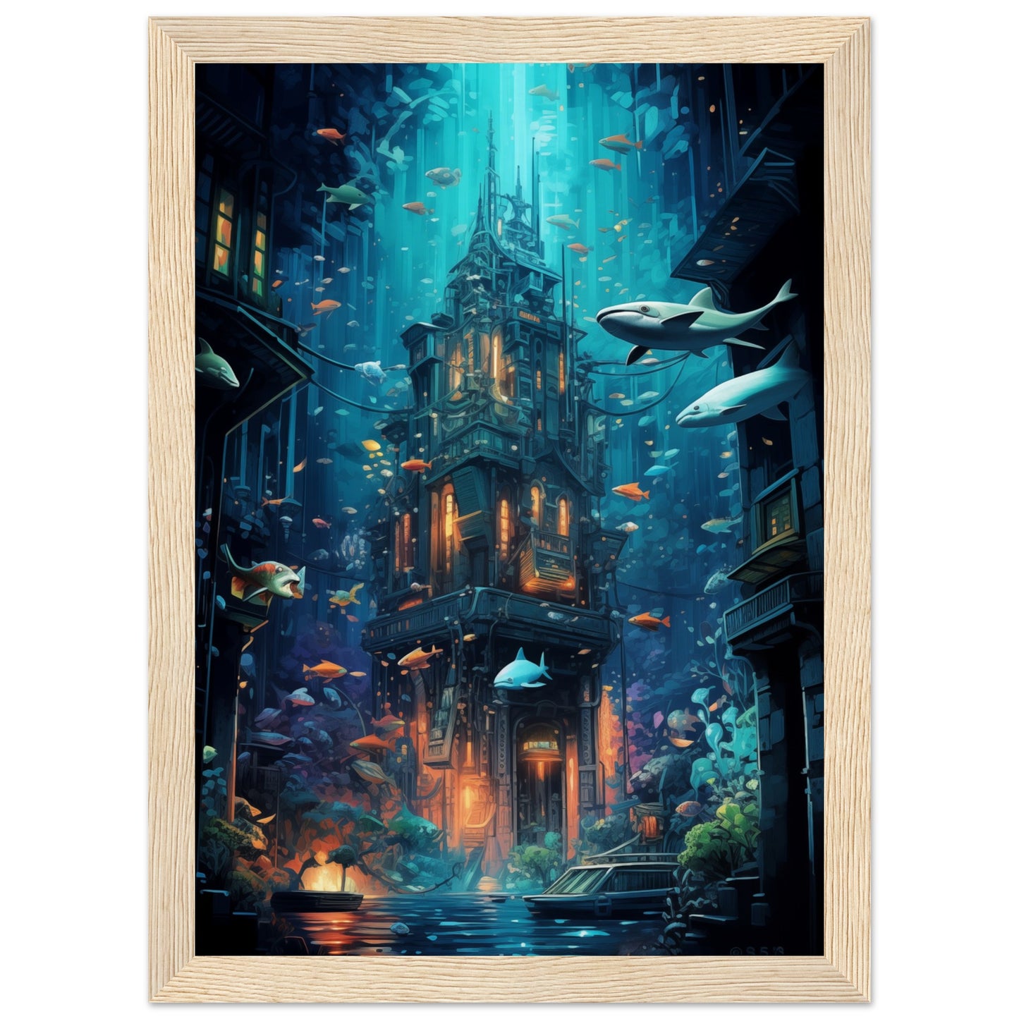 Aqua Metropolis Wooden Framed Poster