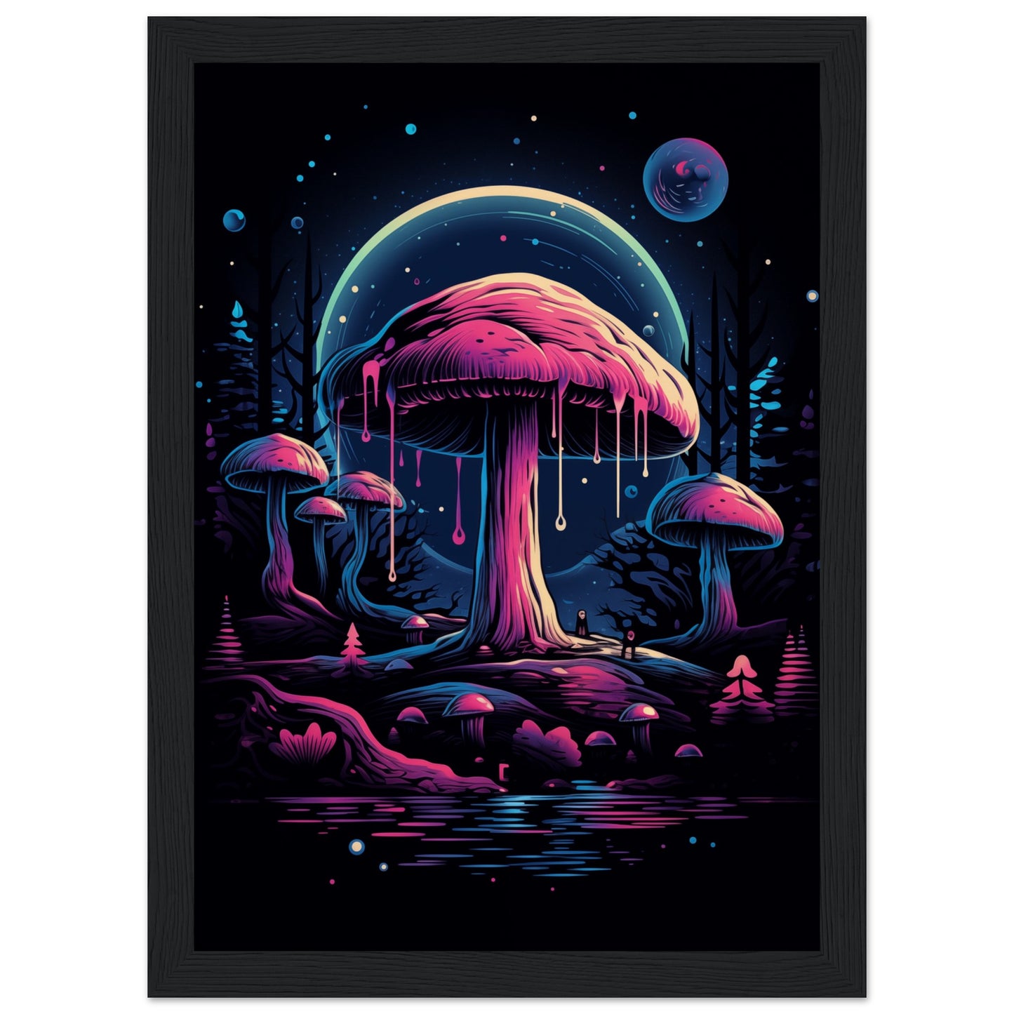 Drippy Mushroom Fantasy Forest Wooden Framed Poster