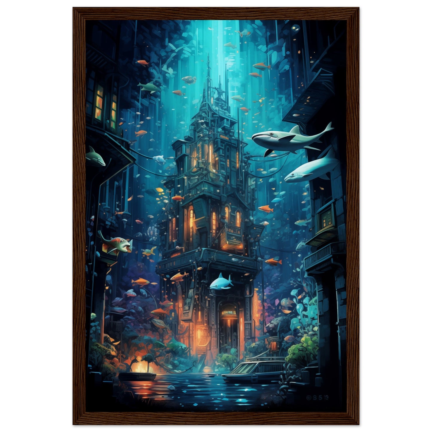 Aqua Metropolis Wooden Framed Poster