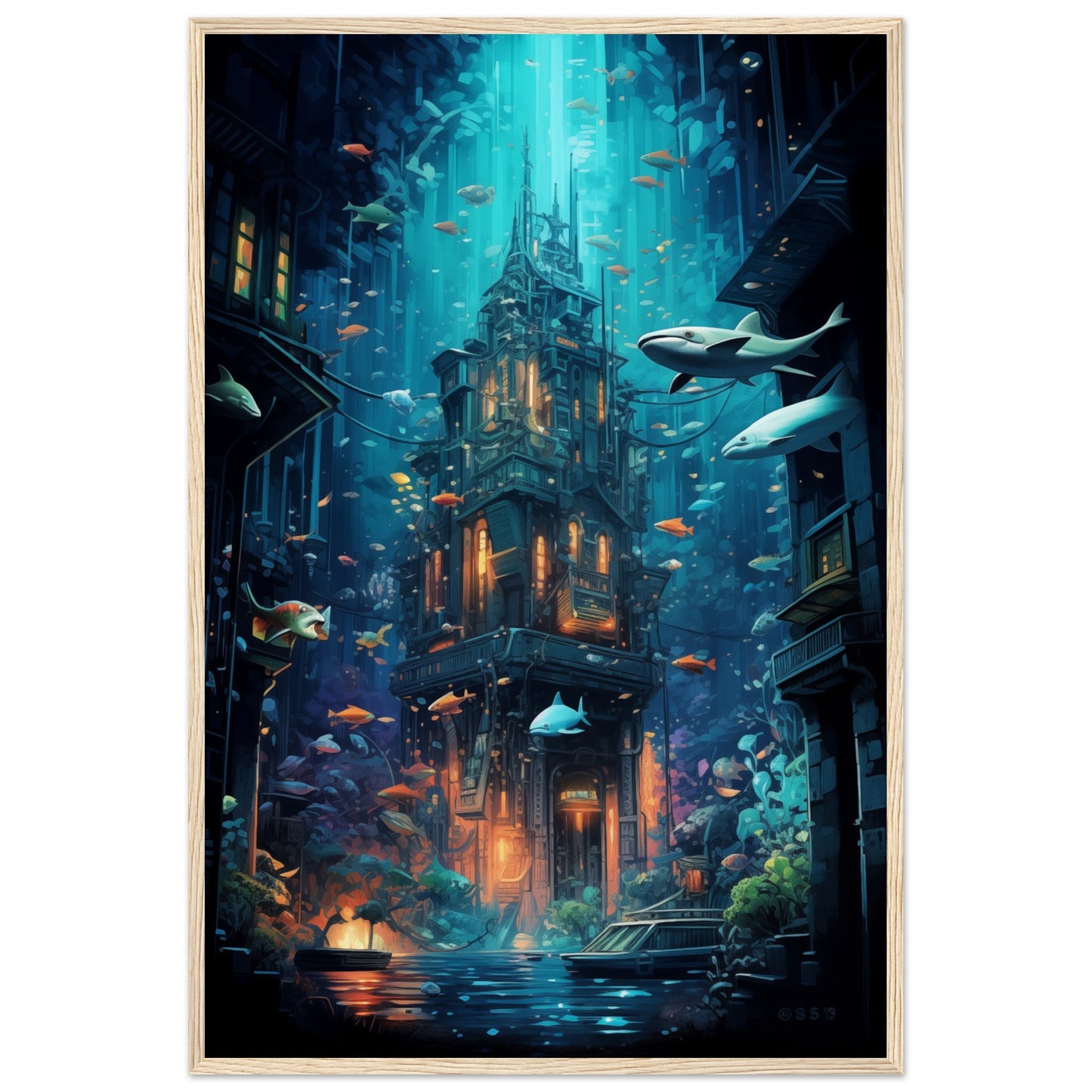 Aqua Metropolis Wooden Framed Poster